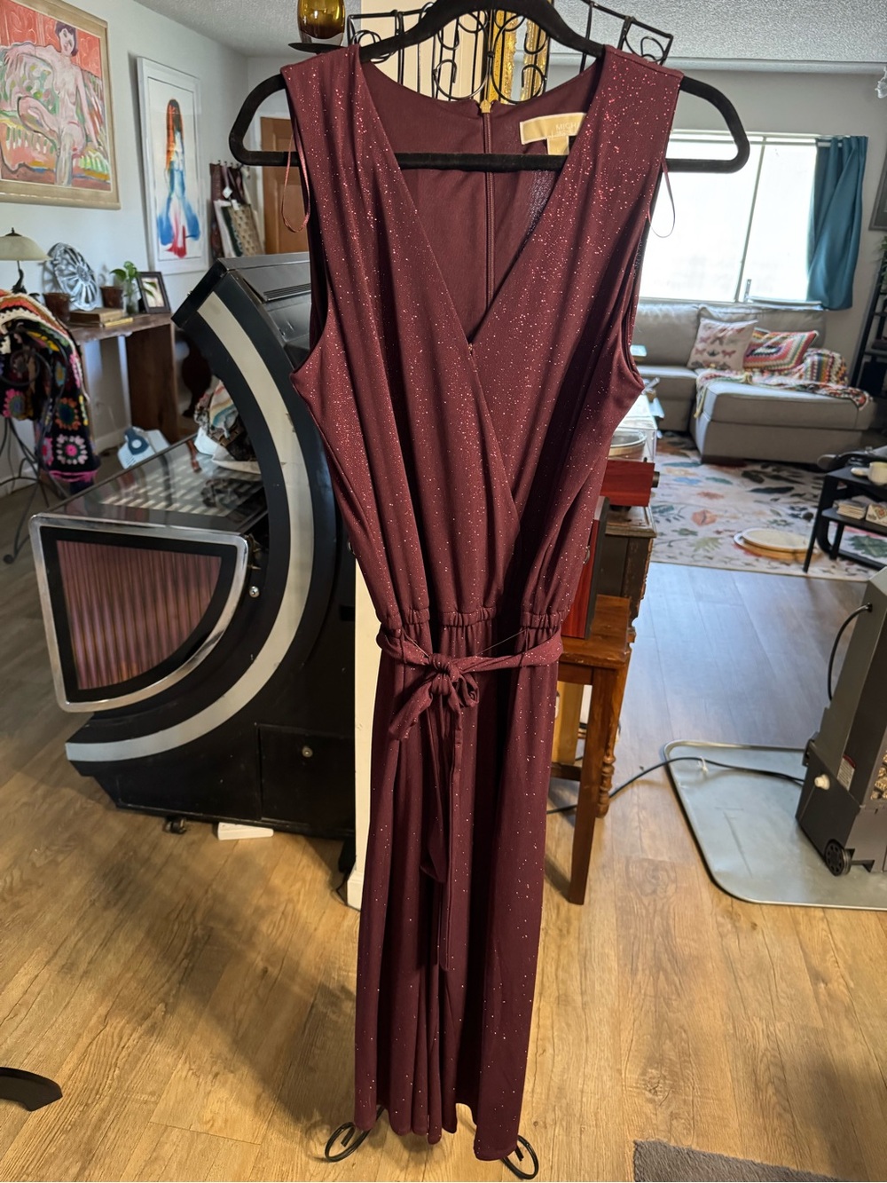 Michael Kors Sleeveless Burgundy Metallic Wrap-Effect Dress - Picture 2 of 7